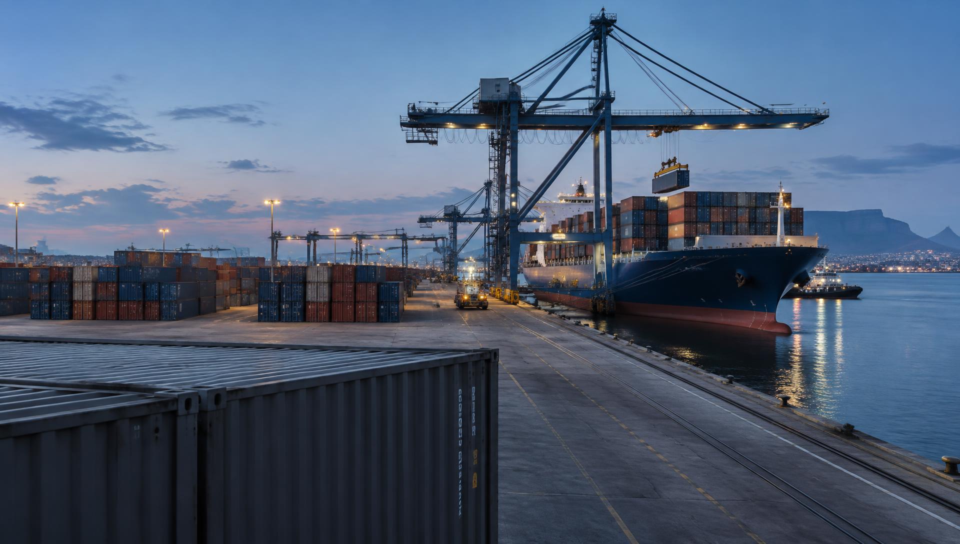 Container vessel and gantry cranes at a South African cargo terminal